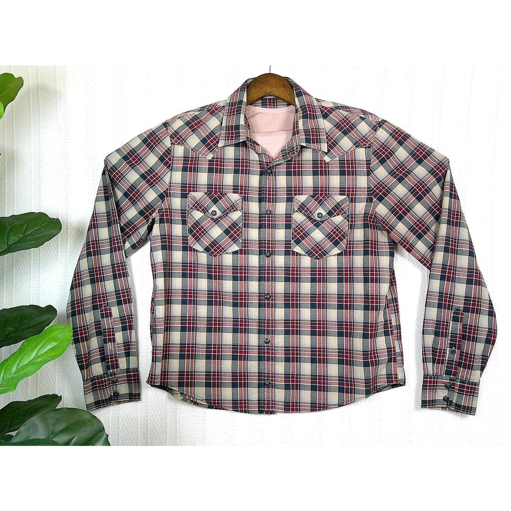 American Eagle Burgundy Blue Plaid Long Sleeve Snap Button Up Shirt-Mens Large